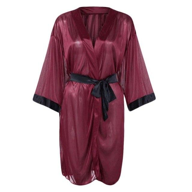 Women Sexy Translucent Sleepwear Set Faux Silk Half Sleeve Short Kimono Bath Robe Solid Color Nightgown With G-String Satin Sash