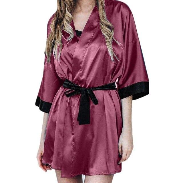 Women Sexy Translucent Sleepwear Set Faux Silk Half Sleeve Short Kimono Bath Robe Solid Color Nightgown With G-String Satin Sash
