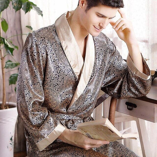 2019 Stylish Spring Autumn Mens Silk Satin Pajamas Kimono Print Flower Geometric Bathrobe V-neck Full Sleeve Sleepwear Nightgown