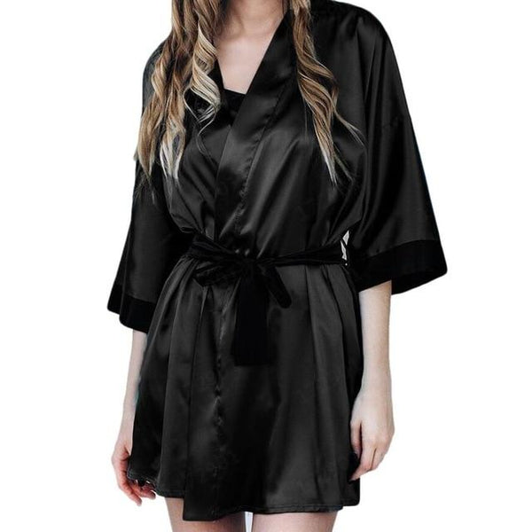 Women Sexy Translucent Sleepwear Set Faux Silk Half Sleeve Short Kimono Bath Robe Solid Color Nightgown With G-String Satin Sash