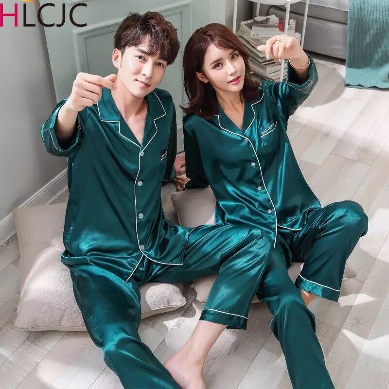 Autumn Silk Lovers Couple Set Fashion Lounge Long-sleeve Sleepwear Pajamas For Women and Men Plus size Female Satin Nightgown