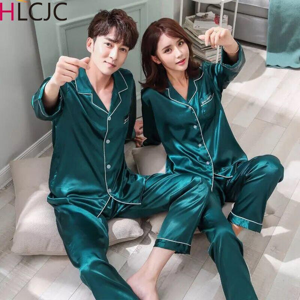 Autumn Silk Lovers Couple Set Fashion Lounge Long-sleeve Sleepwear Pajamas For Women and Men Plus size Female Satin Nightgown