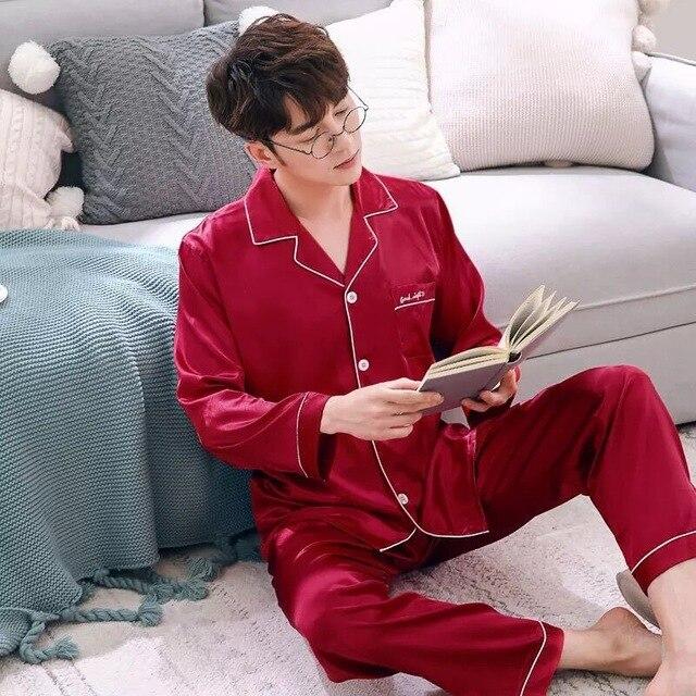 Autumn Silk Lovers Couple Set Fashion Lounge Long-sleeve Sleepwear Pajamas For Women and Men Plus size Female Satin Nightgown