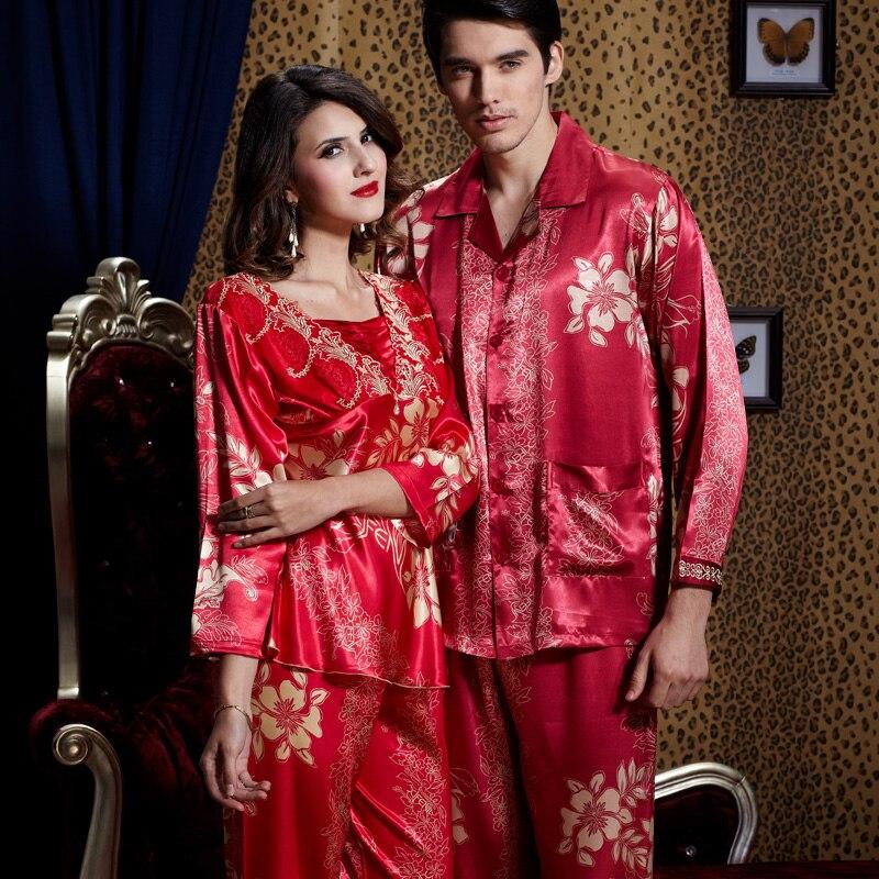 Spring lovers' pajamas summer robes womens silk nightgown wedding red long sleeved home clothes men's red silk loungewear