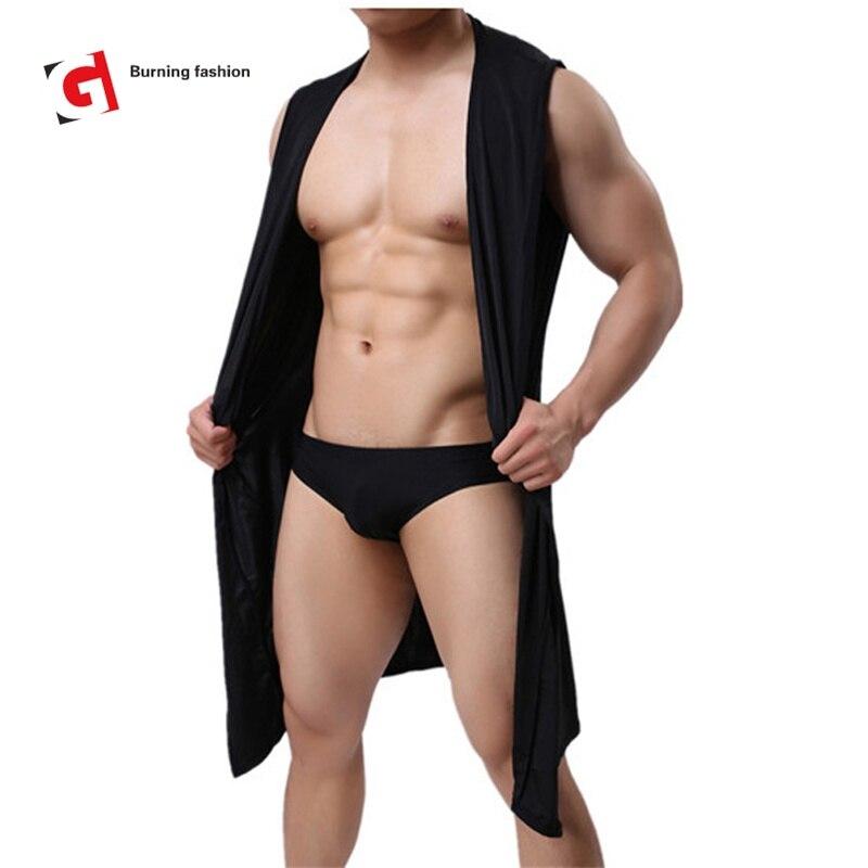 Burning Fashion Men Sexy Sleeveless Silk Gown Male Bathrobe Nightgown