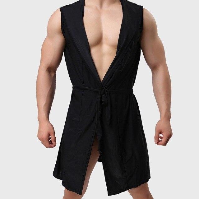 Burning Fashion Men Sexy Sleeveless Silk Gown Male Bathrobe Nightgown