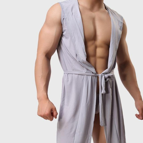 Burning Fashion Men Sexy Sleeveless Silk Gown Male Bathrobe Nightgown