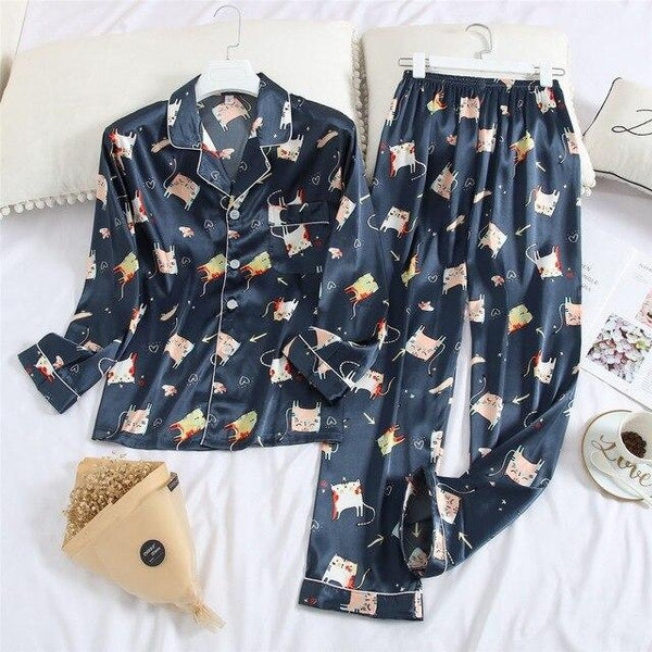 Feier 2019 Cartoon Long Sleeve Pajamas Spring Autumn Womens/men Pajama Sets V-Neck Girls Nightgown for Woman Plus