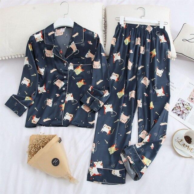 Feier 2019 Cartoon Long Sleeve Pajamas Spring Autumn Womens/men Pajama Sets V-Neck Girls Nightgown for Woman Plus