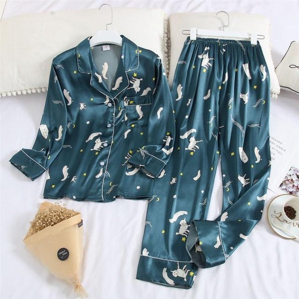 Feier 2019 Cartoon Long Sleeve Pajamas Spring Autumn Womens/men Pajama Sets V-Neck Girls Nightgown for Woman Plus