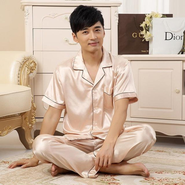 Silk Men Pyjama Set Satin Summer Men Pajama Suit Spring Short Sleeve Pajama Male Sleepwear Solid Pijama Man Nightgown Sleep XXXL