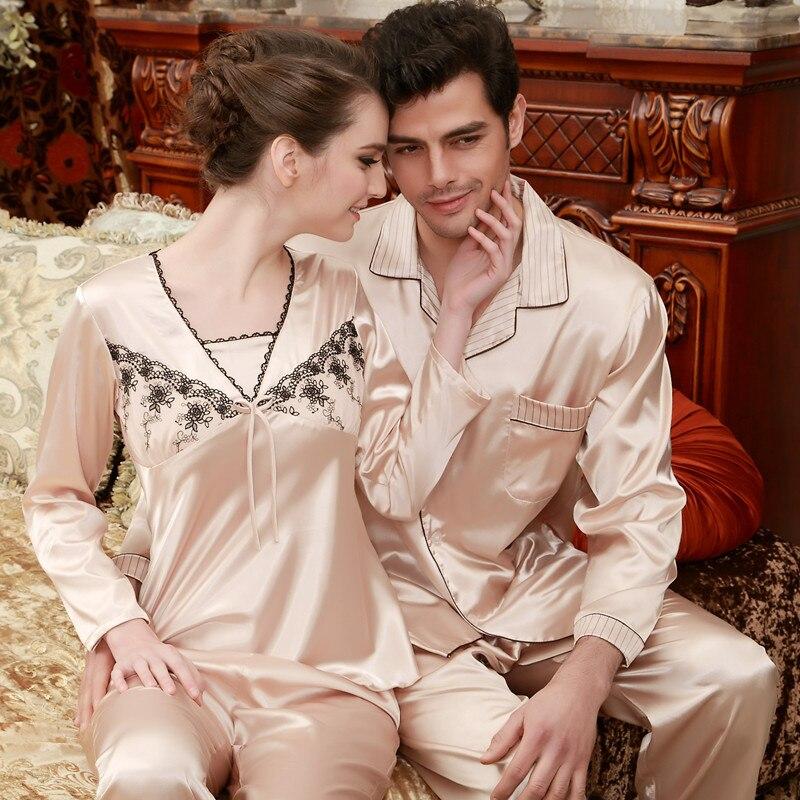 Men's and Women's New Imitation Silk Long Sleeve Pajamas Adult 2pcs Silk Nightgown Large Size Couples Sleepwear Nightwear B-5840