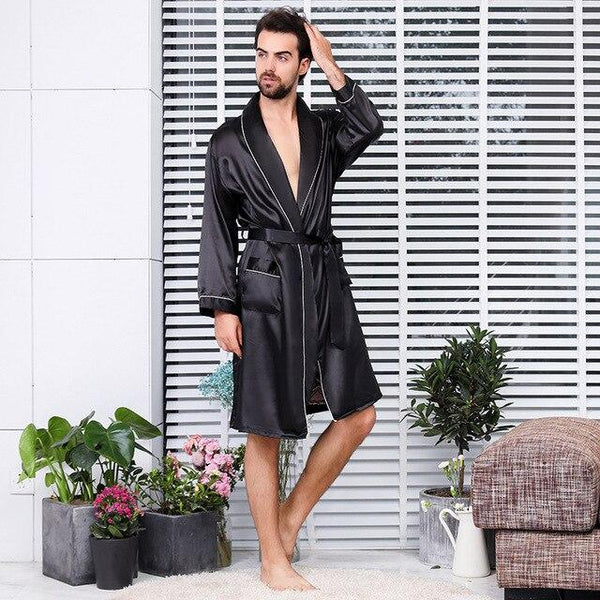 Men's Silk Nightgown Shorts Two-Piece Set Summer Thin Long-Sleeve Pajamas Men's XL Bathrobe bath robe long sleeve nightgown