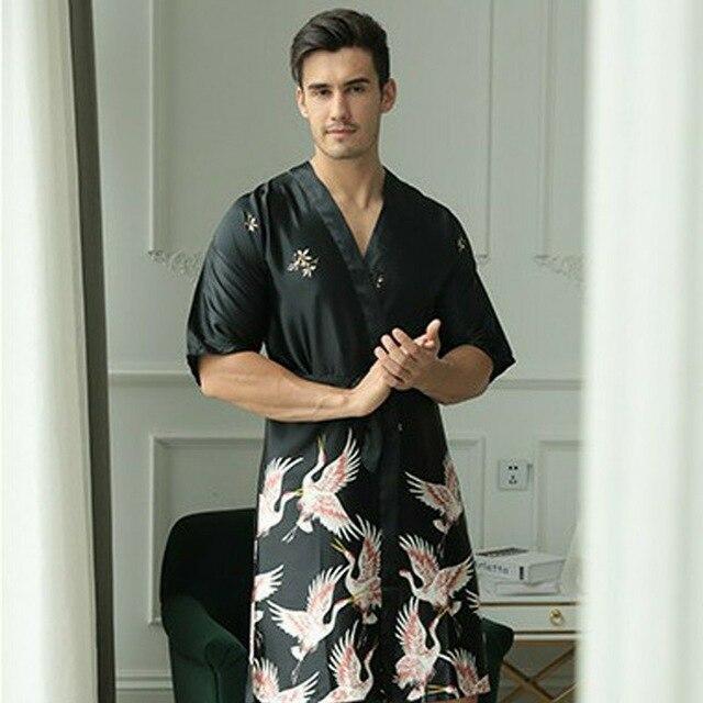 New men's nightgown summer long section printed Chinese style simulation silk nightgown Men's groom groomsmen robe sexy pajamas