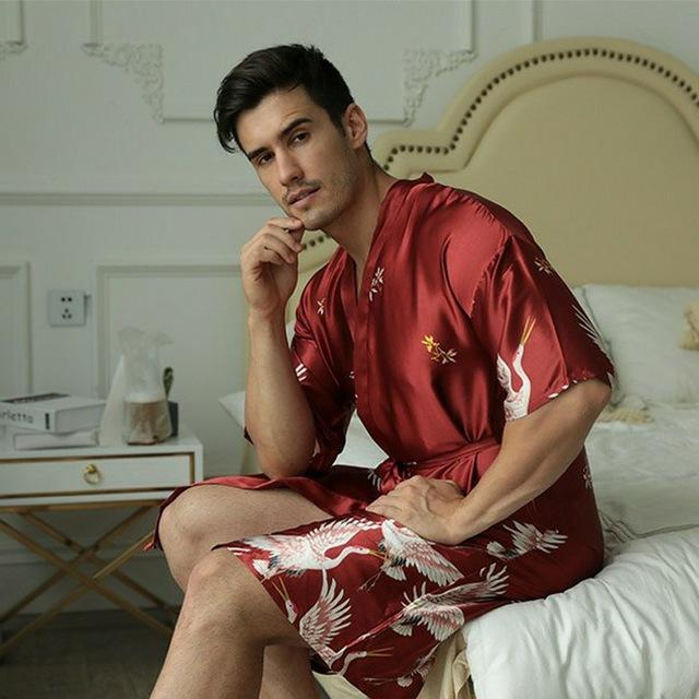 New men's nightgown summer long section printed Chinese style simulation silk nightgown Men's groom groomsmen robe sexy pajamas