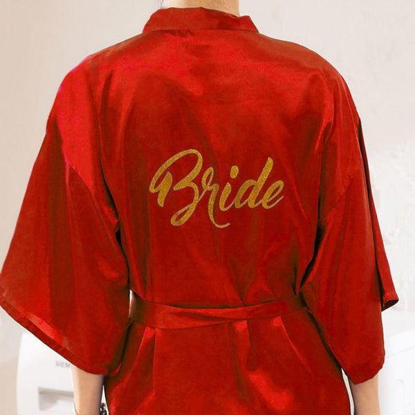 Womens Faux Silk Kimono Short Bath Robe Bride Bridesmaid Glitter Gold Letters Nightgown Belted Wedding Getting Ready Sleepwear