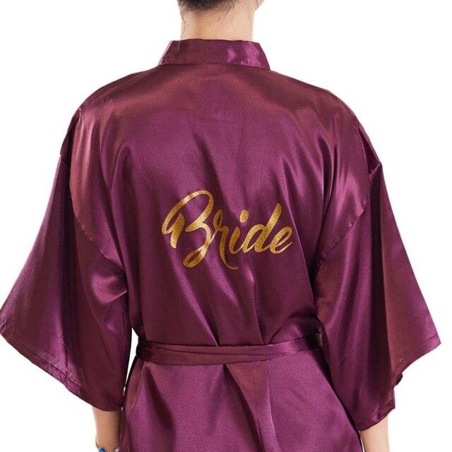 Womens Faux Silk Kimono Short Bath Robe Bride Bridesmaid Glitter Gold Letters Nightgown Belted Wedding Getting Ready Sleepwear