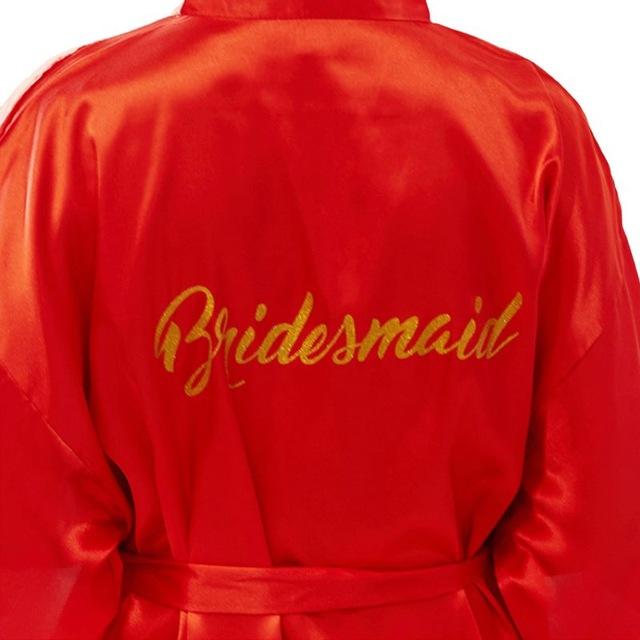 Womens Faux Silk Kimono Short Bath Robe Bride Bridesmaid Glitter Gold Letters Nightgown Belted Wedding Getting Ready Sleepwear