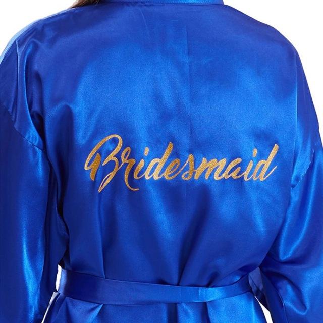 Womens Faux Silk Kimono Short Bath Robe Bride Bridesmaid Glitter Gold Letters Nightgown Belted Wedding Getting Ready Sleepwear