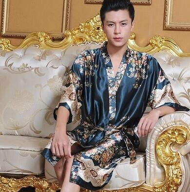 Classical Print Summer Thin Silk Robe Men Nightgown Short Sleeve Plus Size L-3XL Bathrobe Kimono Men's Long Silk Satin Pajamas