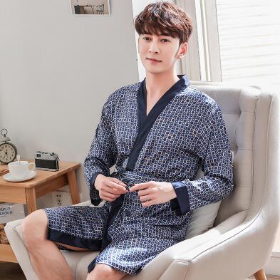 Classical Print Summer Thin Silk Robe Men Nightgown Short Sleeve Plus Size L-3XL Bathrobe Kimono Men's Long Silk Satin Pajamas