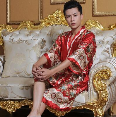 Classical Print Summer Thin Silk Robe Men Nightgown Short Sleeve Plus Size L-3XL Bathrobe Kimono Men's Long Silk Satin Pajamas