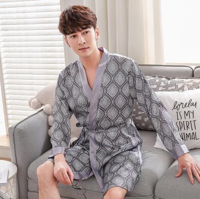 Classical Print Summer Thin Silk Robe Men Nightgown Short Sleeve Plus Size L-3XL Bathrobe Kimono Men's Long Silk Satin Pajamas