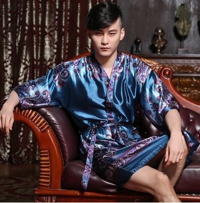 Classical Print Summer Thin Silk Robe Men Nightgown Short Sleeve Plus Size L-3XL Bathrobe Kimono Men's Long Silk Satin Pajamas