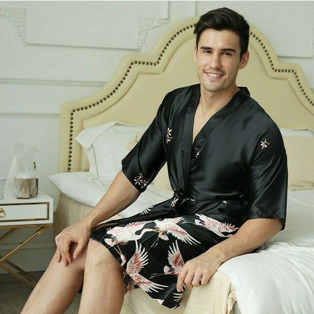 New men's nightgown summer long section printed Chinese style simulation silk nightgown Men's groom groomsmen robe sexy pajamas