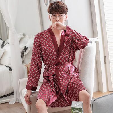 Classical Print Summer Thin Silk Robe Men Nightgown Short Sleeve Plus Size L-3XL Bathrobe Kimono Men's Long Silk Satin Pajamas