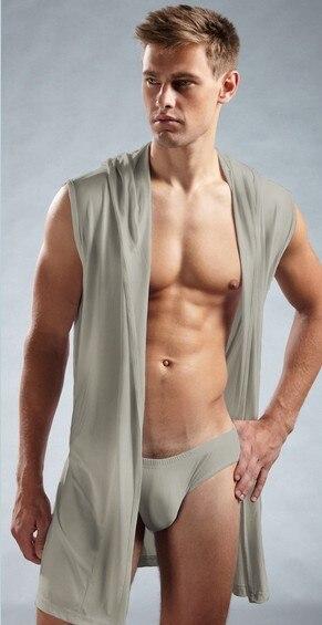 Sexy ice silk mens nightgown comfortable seamless robe pajamas home sleepwear suit for meale sleeveless hooded robes