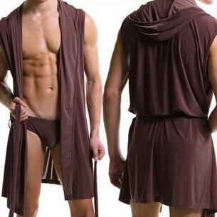 Sexy ice silk mens nightgown comfortable seamless robe pajamas home sleepwear suit for meale sleeveless hooded robes