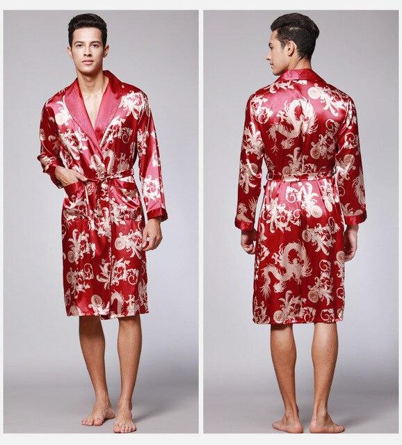 Autumn new simulation silk robe print bathrobe silk pajamas men's long robes home service long sleeve nightgown silk robe men