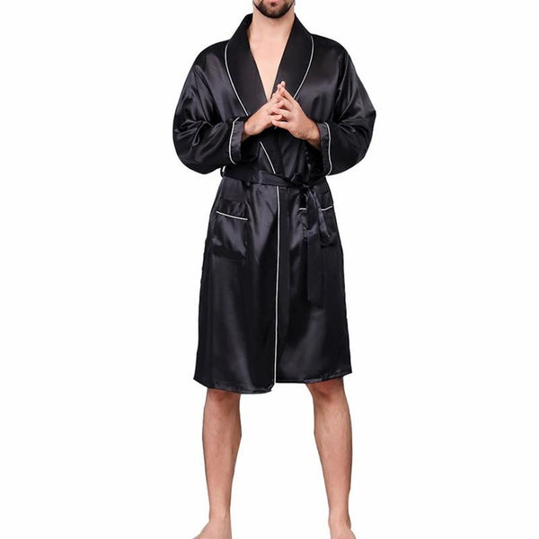 2019 Summer Men's Casual Printed Pajamas Silk Robe Men's V-neck Thin Nightgown Soft Satin Bathrobe Long-sleeved Large Size Robe