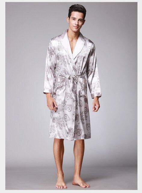 Autumn new simulation silk robe print bathrobe silk pajamas men's long robes home service long sleeve nightgown silk robe men