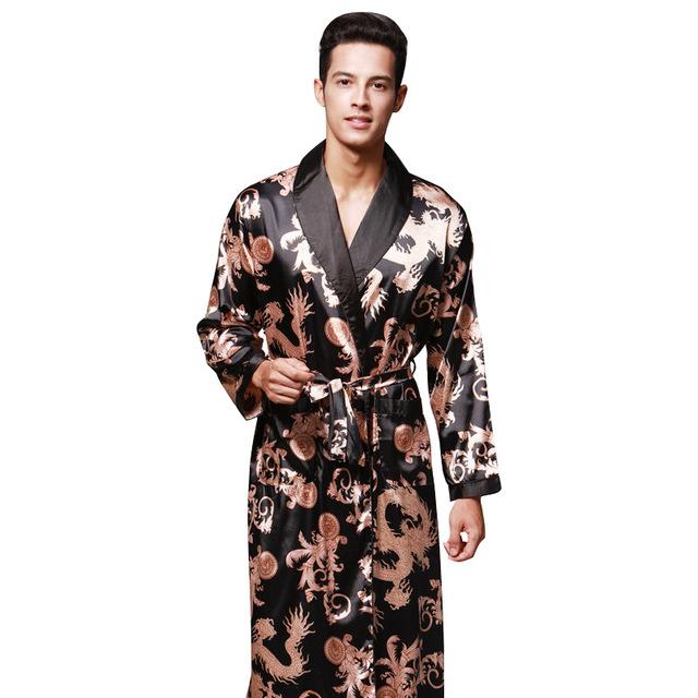 Autumn new simulation silk robe print bathrobe silk pajamas men's long robes home service long sleeve nightgown silk robe men
