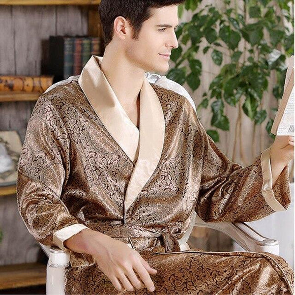 Mumdo Spring Autumn Luxury Bathrobe Mens Print Plus Size Silk Satin Pajamas Kimono Summer Male Nightgown Chinese Silk Robe