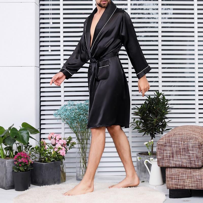 2019 Summer Men's Casual Printed Pajamas Silk Robe Men's V-neck Thin Nightgown Soft Satin Bathrobe Long-sleeved Large Size Robe