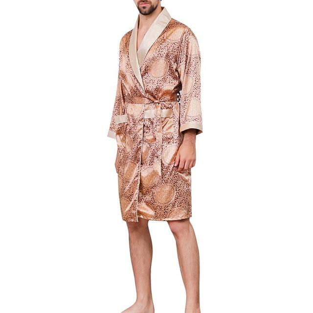 2019 Summer Men's Casual Printed Pajamas Silk Robe Men's V-neck Thin Nightgown Soft Satin Bathrobe Long-sleeved Large Size Robe