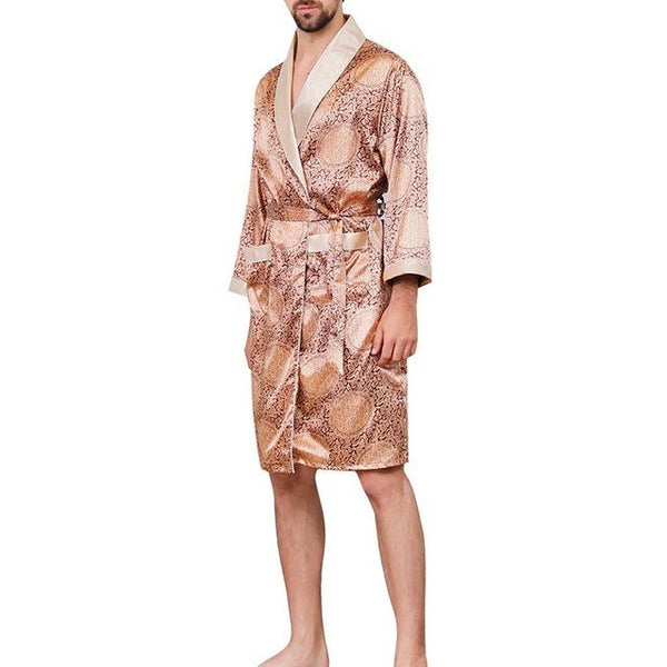 2019 Summer Men's Casual Printed Pajamas Silk Robe Men's V-neck Thin Nightgown Soft Satin Bathrobe Long-sleeved Large Size Robe