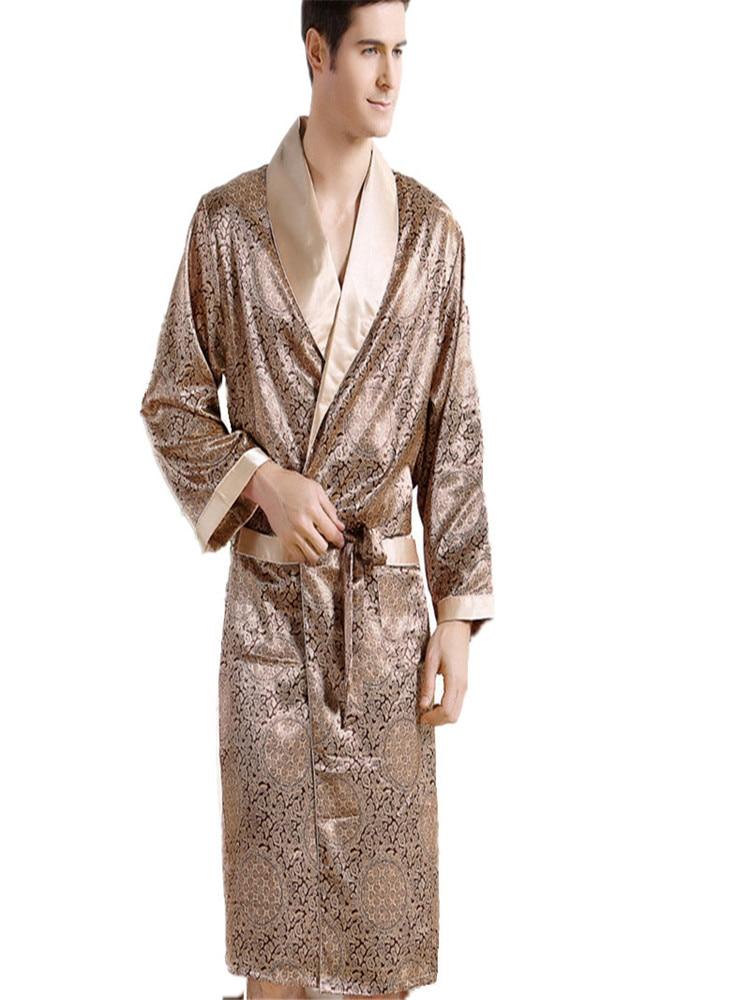 Men Silk long-sleeved Bathrobe Plus Size 3XL kimono Home Bath Gown Male Printed Geometric Robes V-neck Satin Sleepwear Nightgown