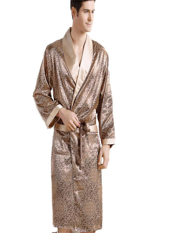 Men Silk long-sleeved Bathrobe Plus Size 3XL kimono Home Bath Gown Male Printed Geometric Robes V-neck Satin Sleepwear Nightgown