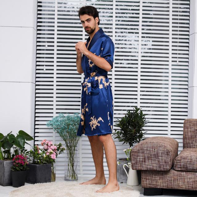 MUQGEW bathrobe men V neck nightgown Summer Simulation Silk Long Section Sleeves Home Service Thin Men's Pajamas#G4