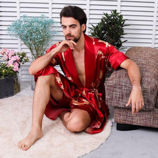 MUQGEW bathrobe men V neck nightgown Summer Simulation Silk Long Section Sleeves Home Service Thin Men's Pajamas#G4