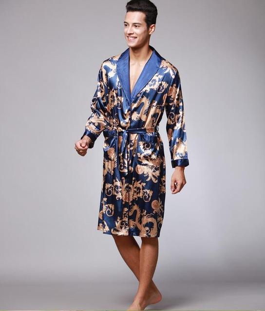 YT- 027 Spring Autumn Luxury Bathrobe Mens Print Plus Size Satin Pajamas Silk Nightgown