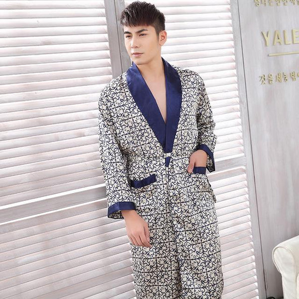 Men's spring and summer silk Printed Robe bathrobes pajamas home clothes Male Nightgown Kimono Sleepwear Bathrobe