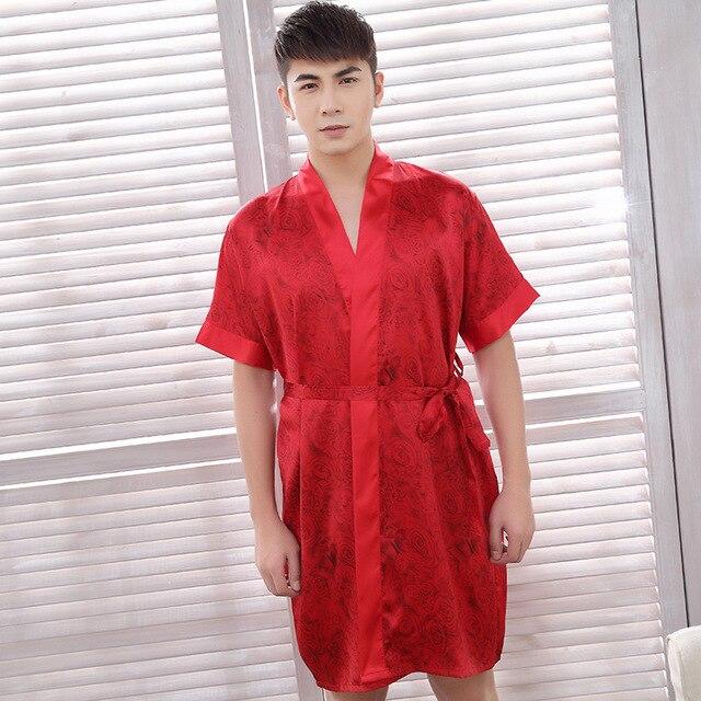 Men's spring and summer silk Printed Robe bathrobes pajamas home clothes Male Nightgown Kimono Sleepwear Bathrobe