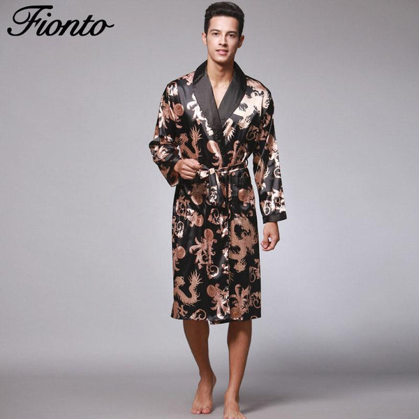 Fionto Autumn New Long Sleeve Lovers'Nightgown Men's Bathrobe Silk Nightgown Long Dragon Garment Home Clothing Wholesale