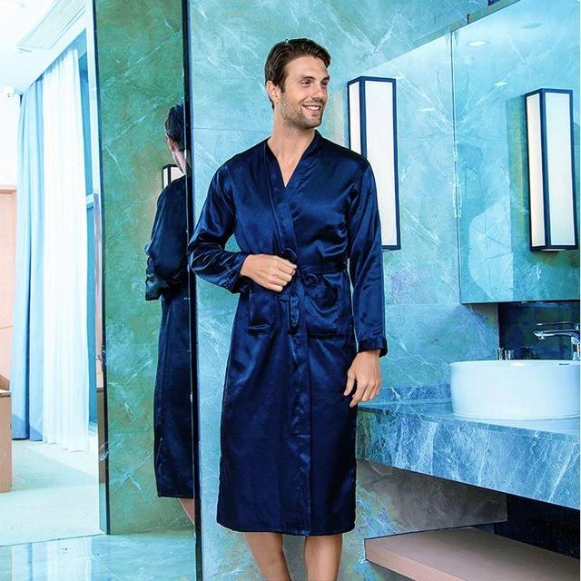 Navy Blue Mens Kimono Robe Faux Silk Bath Gown Bathrobe Long Sleeve Nightgown Home Wear Sleepwear Hombre Pijama Size S-XXXL