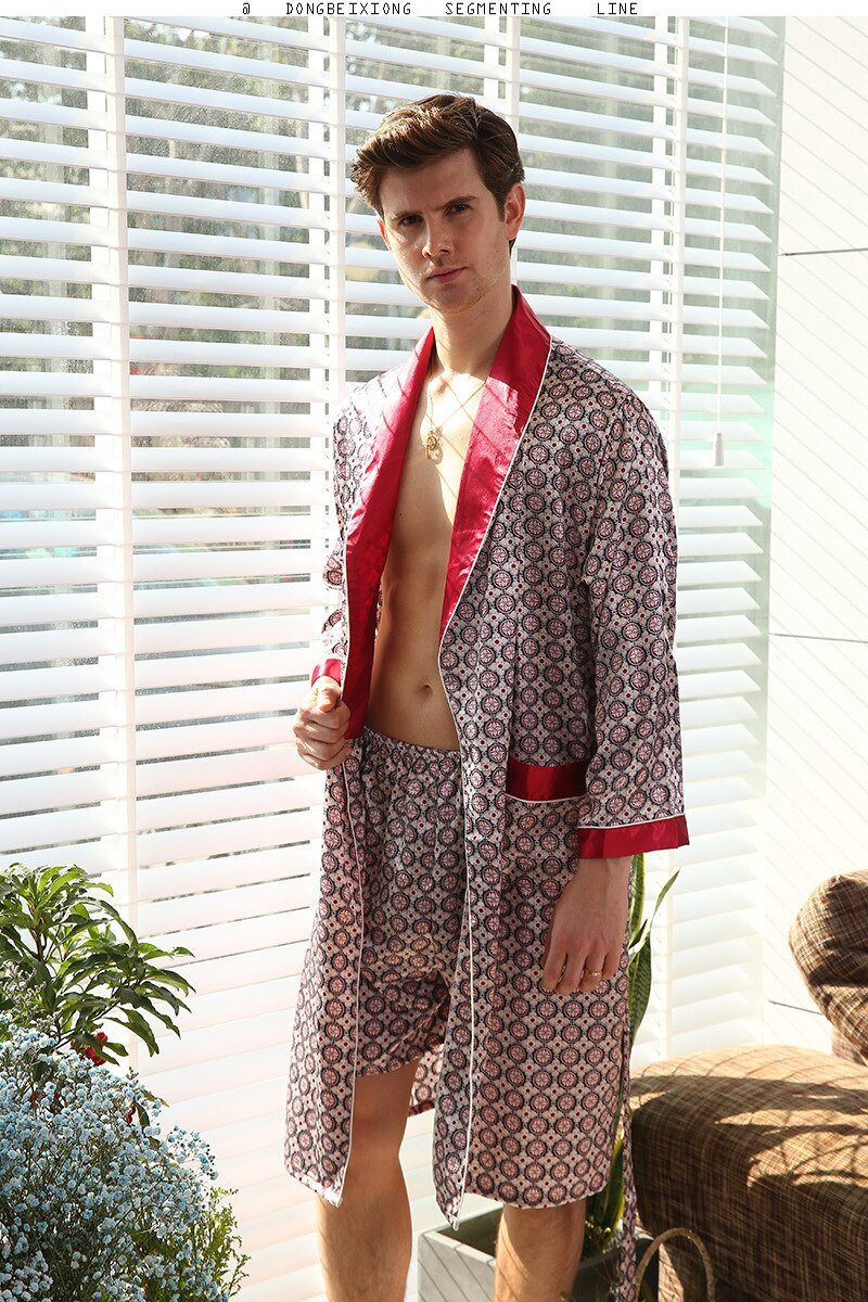 2018 Men's Satin Silk Robe Shorts Nightgown Two-piece Set Nightdress Thin Silk Pajamas Set